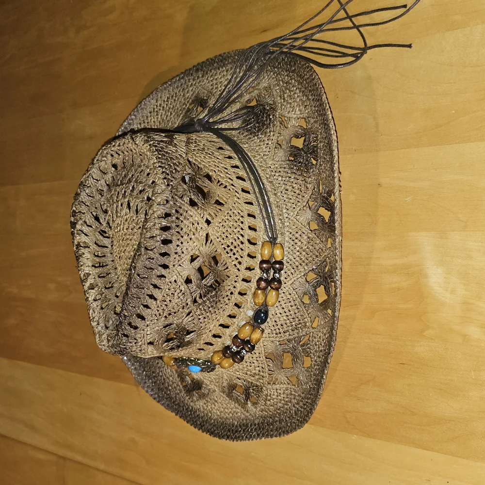 Stylish Brown Woven Hat with Beaded Accent - Picture 3 of 3